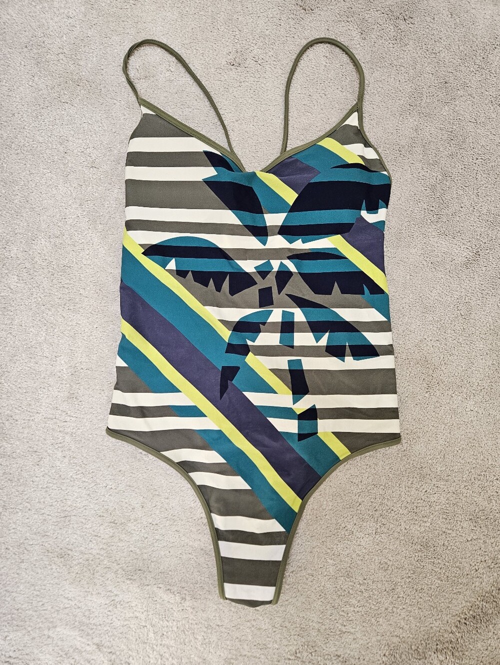 AERIE Women's Tropical Green, Blue & Neon Halter One-Piece Swimsuit - Size Large
